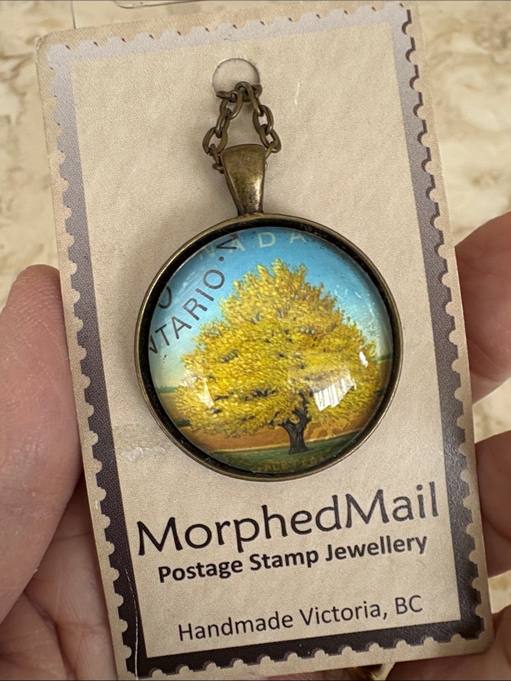 NEW! MorphedMail Handmade Vintage c1994 Stamp Pendant Necklace Manitoba Maple